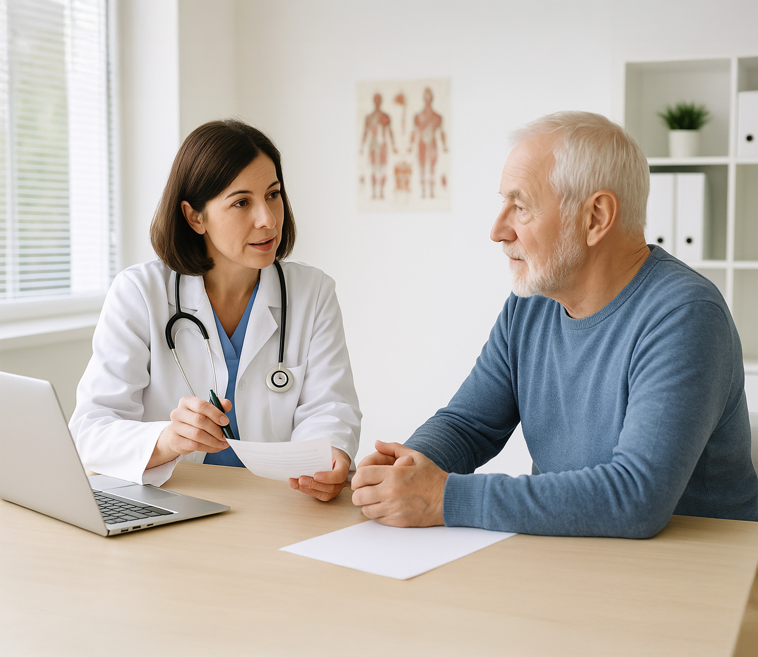 Ärztin bespricht mit einem älteren Patienten die Verordnung für ein Hilfsmittel