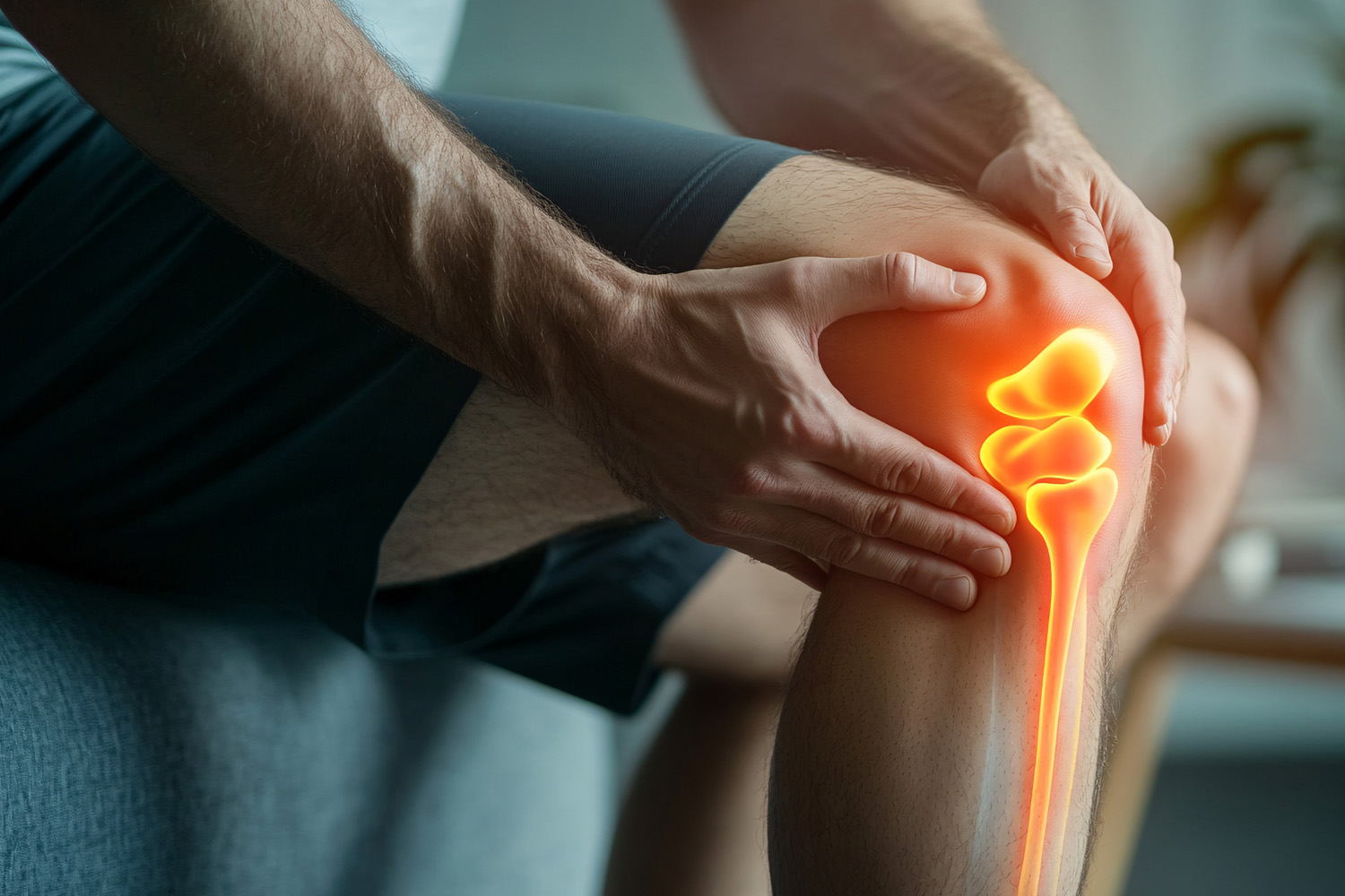 Das Bild zeigt den Unterkörper eines Mannes, der sich sein schmerzendes Knie hält.