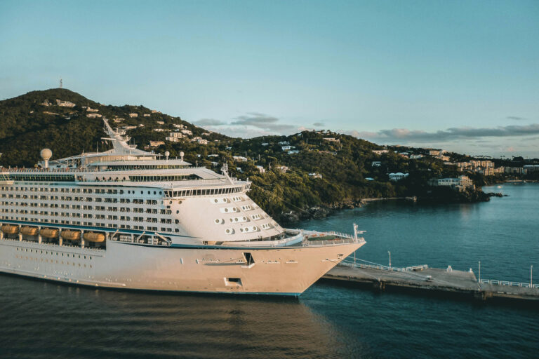 Das Bild zeigt ein Kreuzfahrtschiff von schr&auml;g vorne, im Hintergrund sind Berge zu sehen, im Vordergrund das Meer.